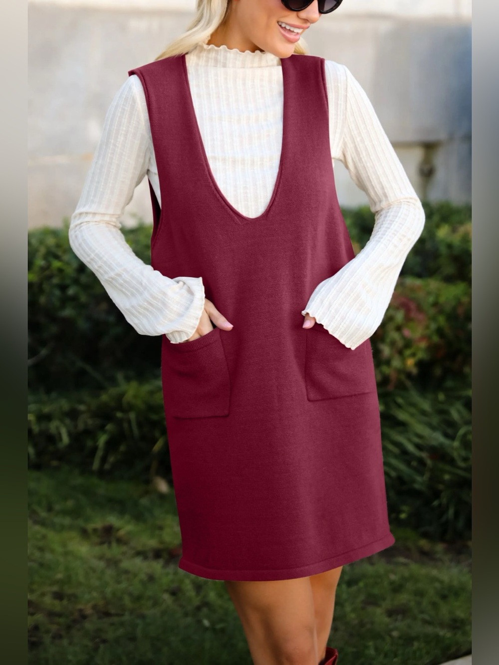 Lovelet Pocketed V-Neck Mini Sweater Overall Dress - Picture 9 of 16